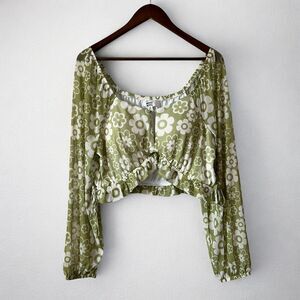 Madden NYC Crop Top Blouse Retro Floral Green Long Sleeve Tie Waist Size XL